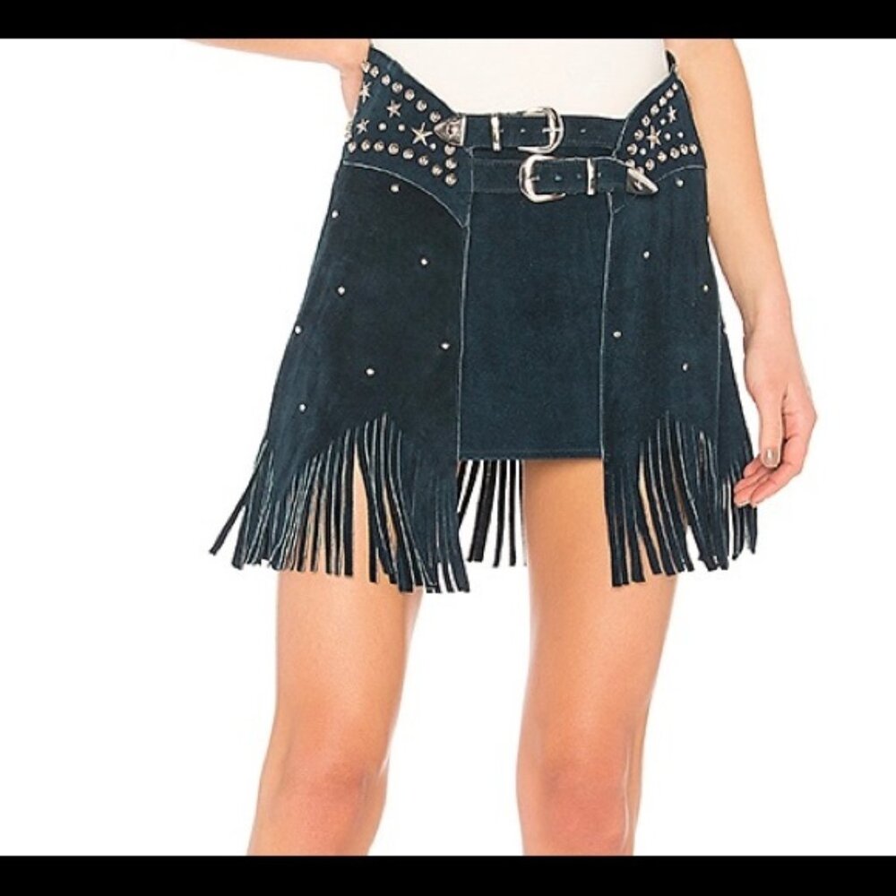 Understated Leather black silver fringe Paris Texas Skirt boho festival cowgirl